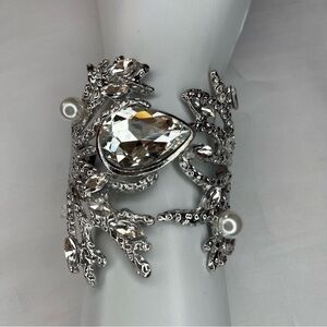 Silver tone statement rhinestone faux pearl details metallic cuff bracelet